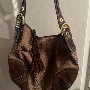 Coach Brown and Tan Shoulder Bag with Gold Accents